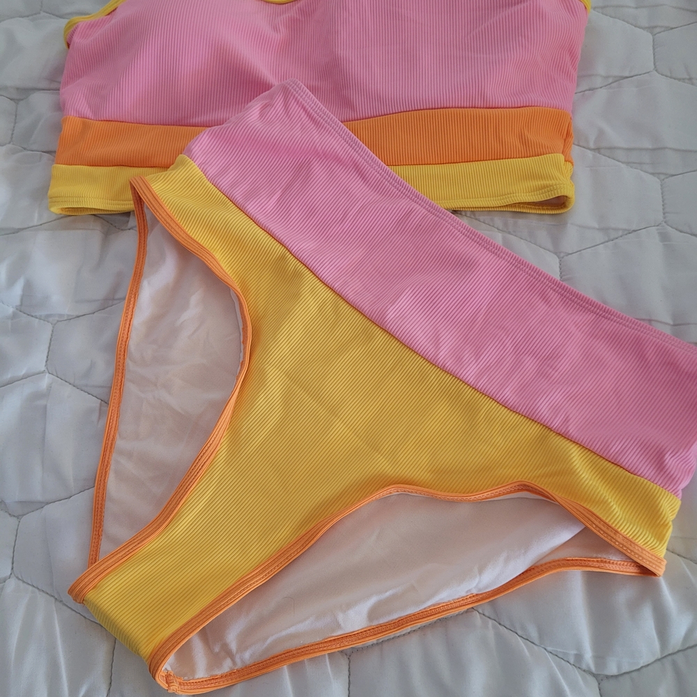 Colorblock Pink Yellow Orange Ribbed Bikini Set Bottom